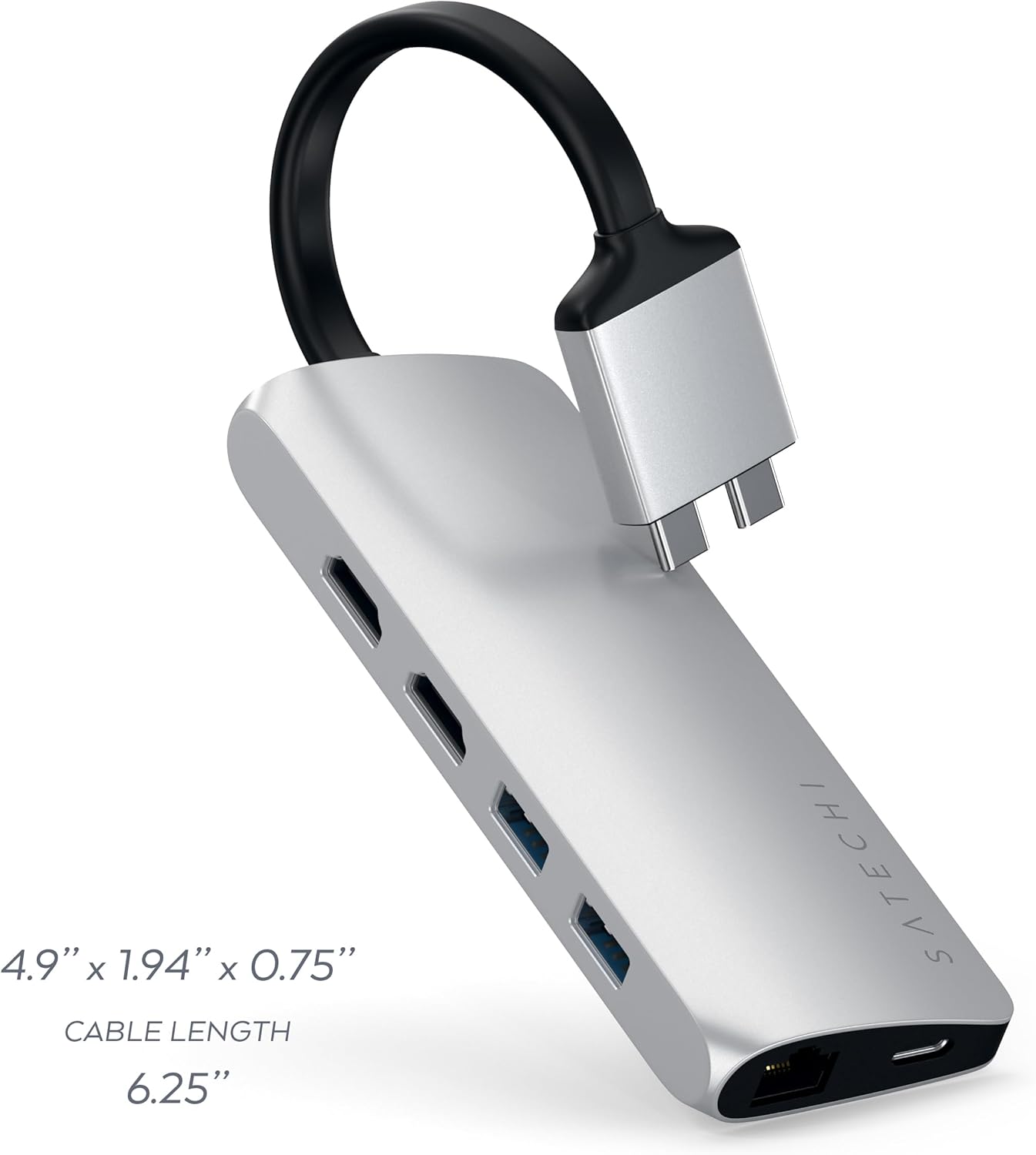 Satechi Type-C Dual Multimedia Adapter with Dual 4K HDMI, USB-C PD, Gigabit Ethernet, Micro/SD Card Readers, USB 3.0 - for M2/ M1 MacBook Pro/Max (Silver)