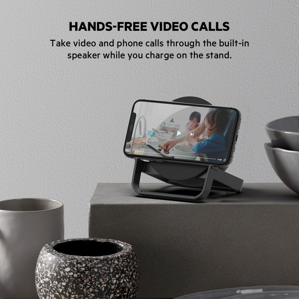 Belkin Wireless Charging Speaker (Wireless Charging Stand + Bluetooth Speaker Charger) Charge While Listening to Music, Streaming Videos, Video Calls, Black, 10W Stand + Speaker