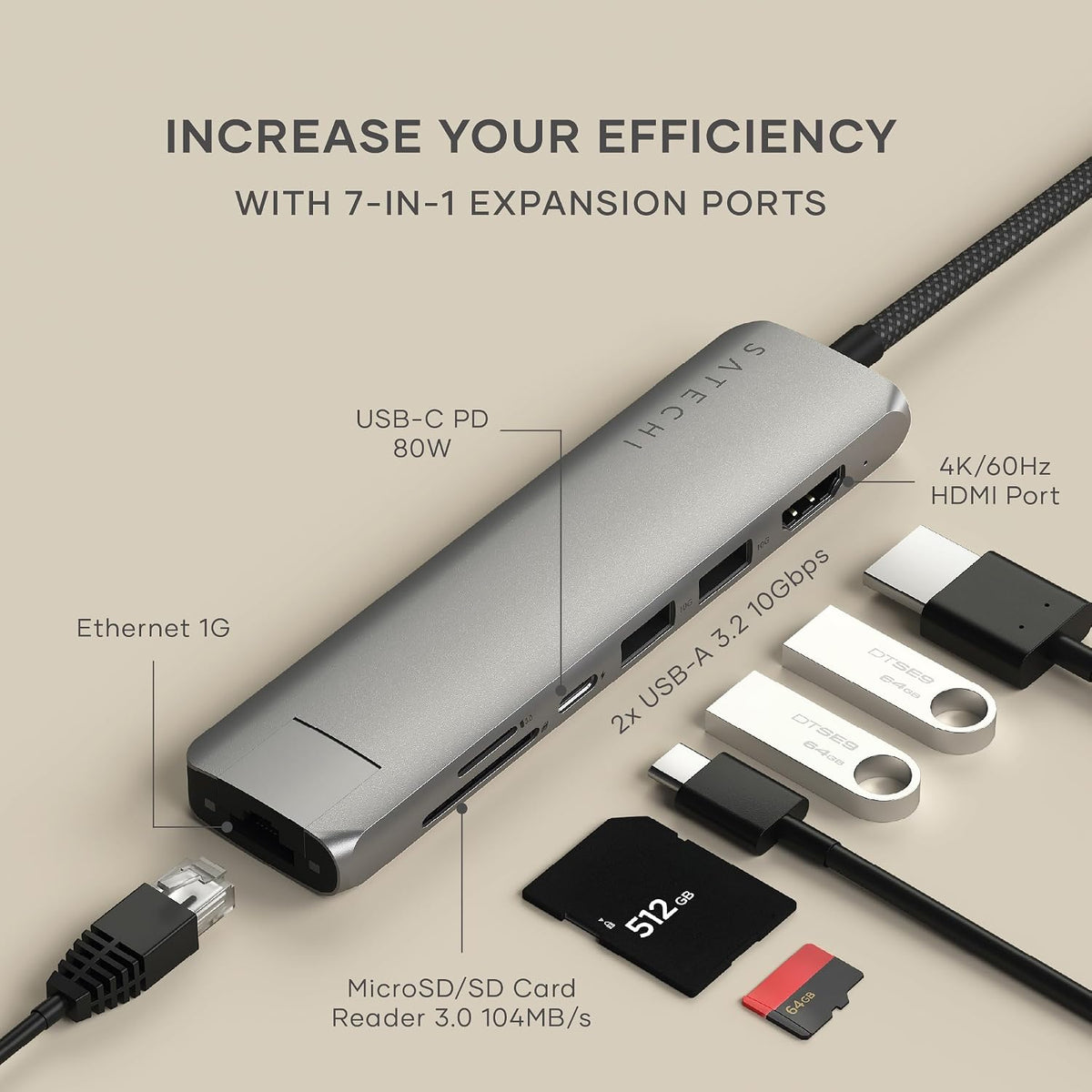 Satechi 7-in-1 USB-C Hub with Ethernet, 4K/60Hz HDMI, Space Gray