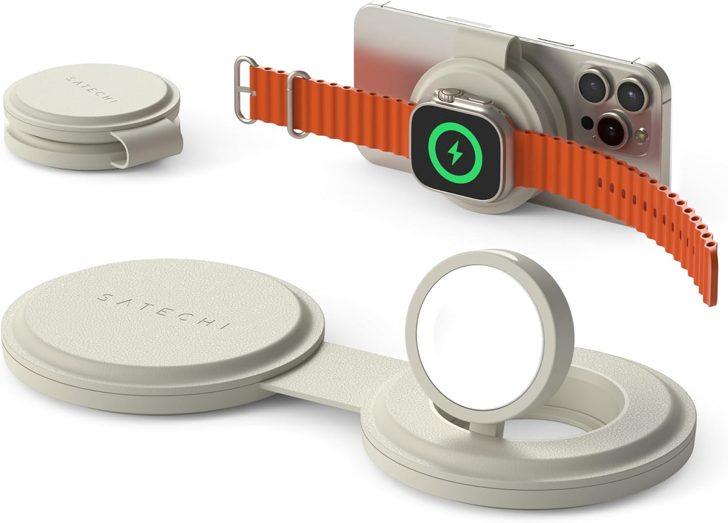 Satechi OntheGo™ 2 in 1 Wireless Charger, Qi2 Portable Charger with 15W Fast Charging for iPhone and 5W for Apple Watch, Magnetic Travel Charging Station – Sand