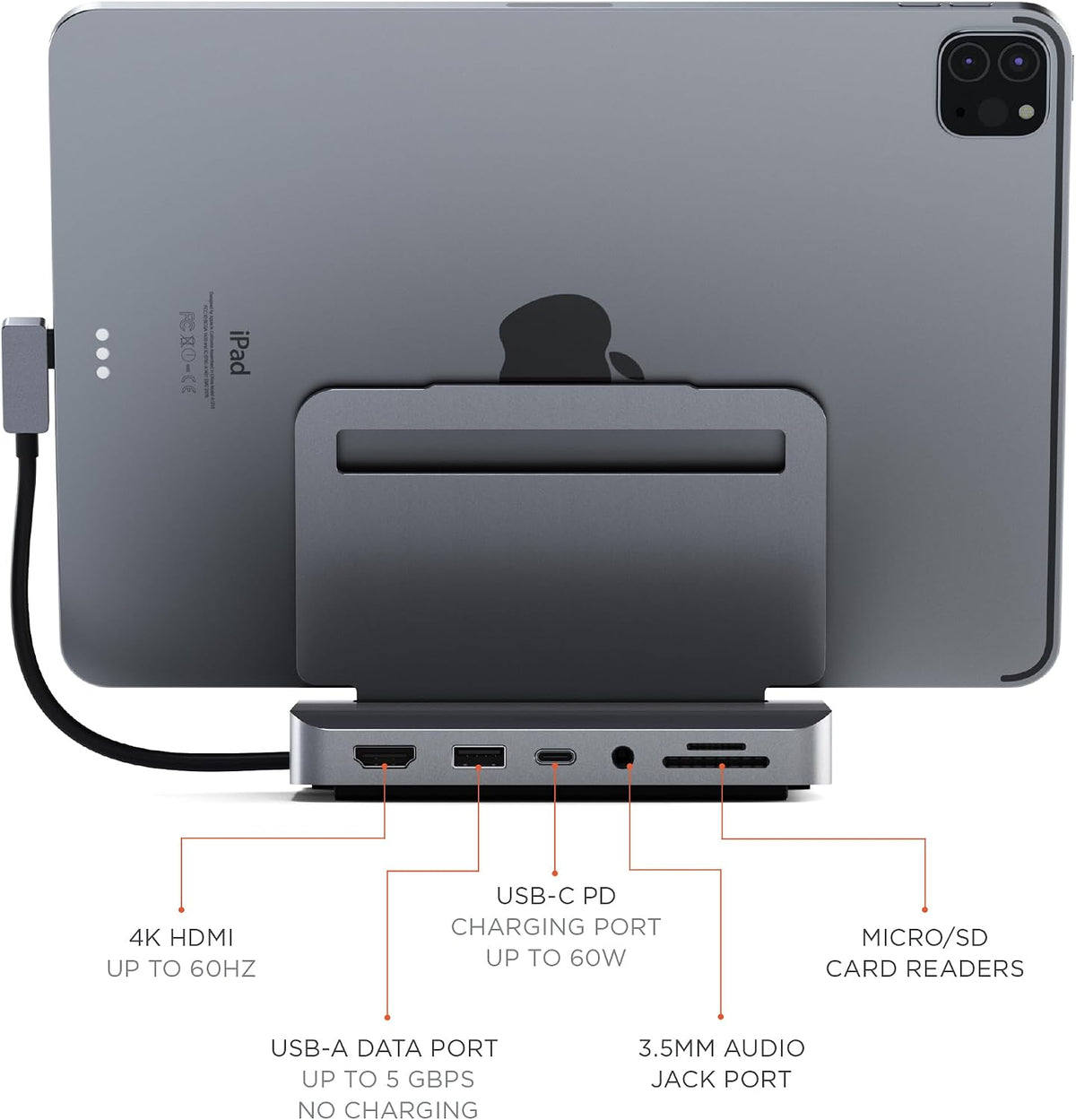Satechi 6-in-1 USB-C Stand Hub for iPad Pro, Foldable Design, Space Gray
