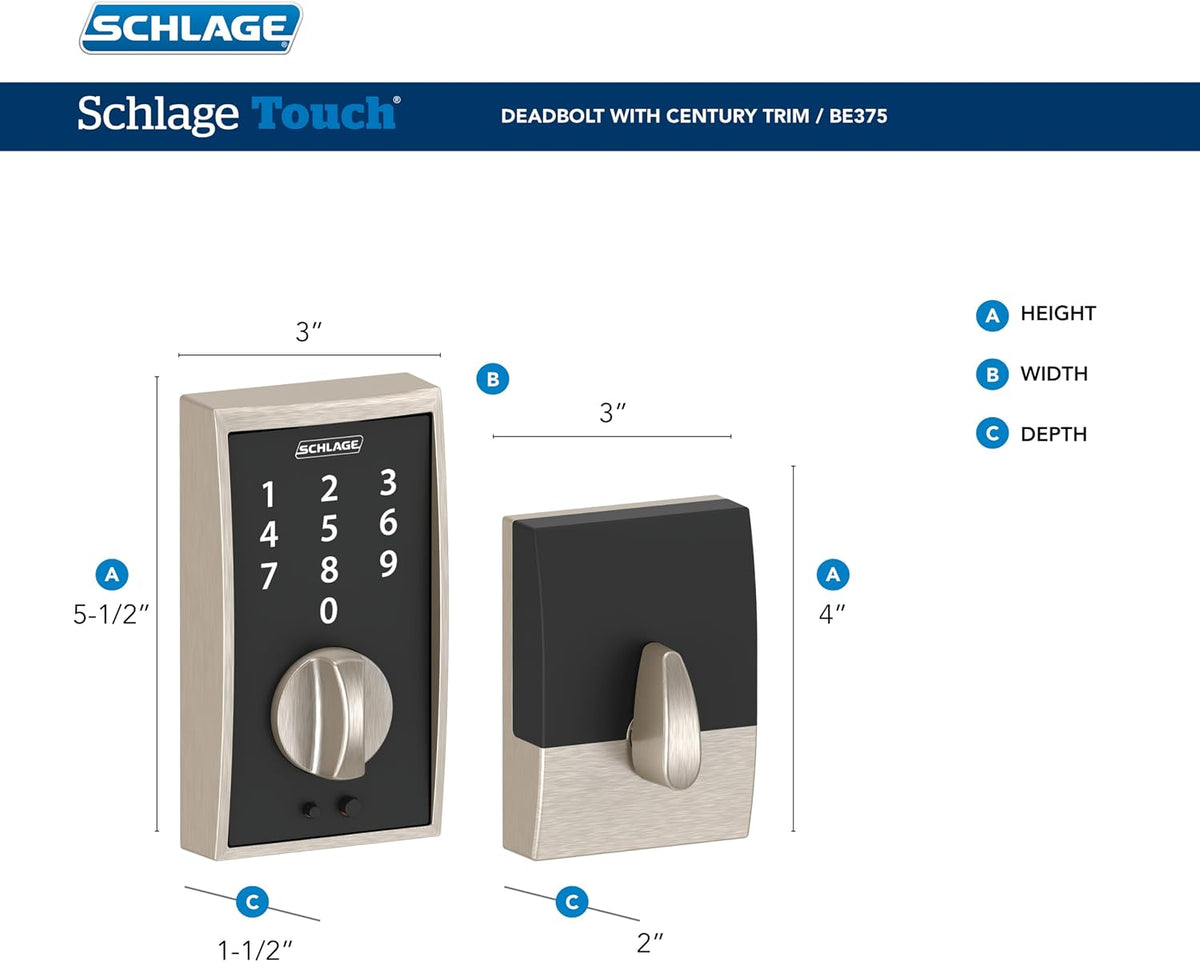 Schlage Touch Electronic Deadbolt Lock with Century Trim, Satin Nickel