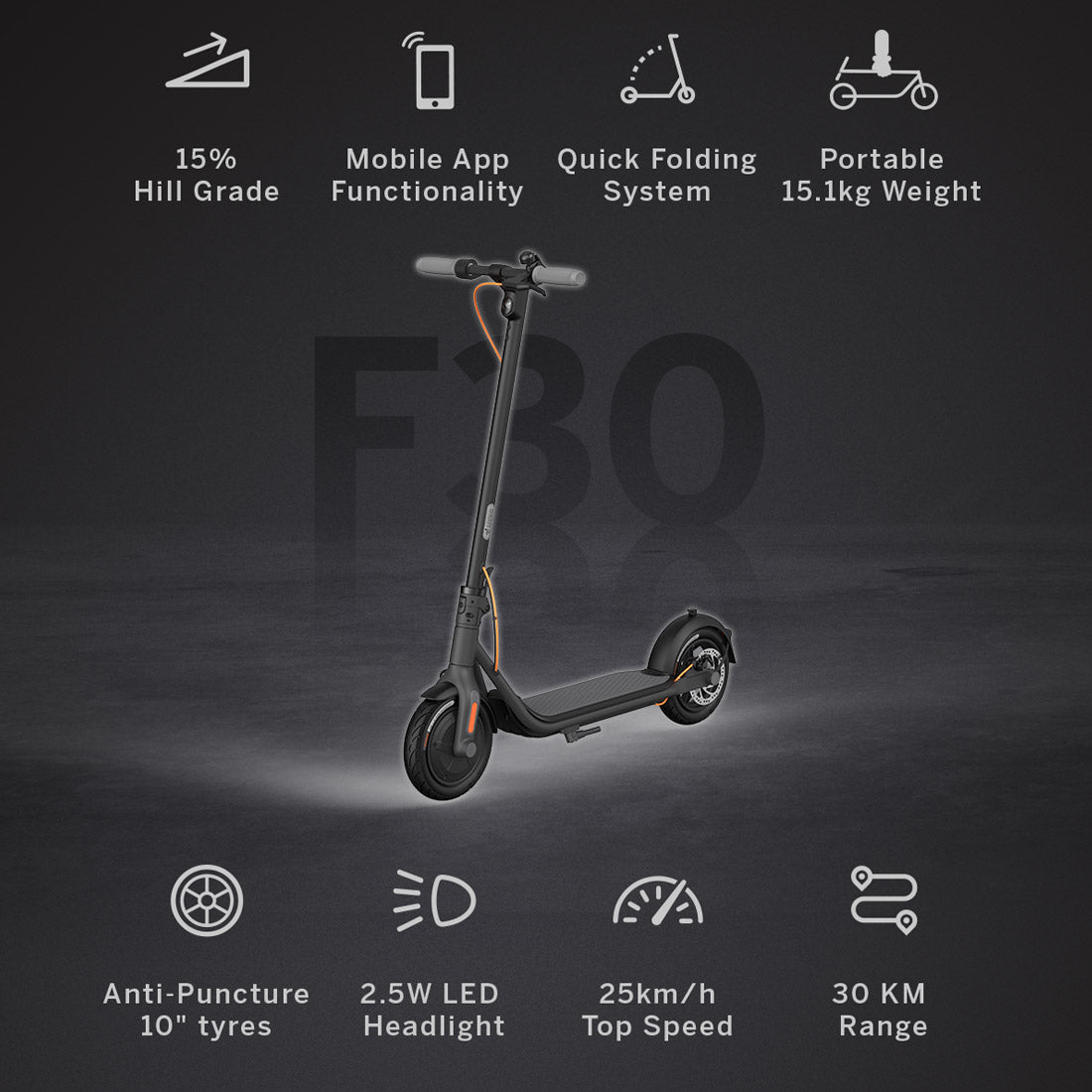 Segway Ninebot F30 Electric KickScooter, Top Speed 25 km/hr, Black