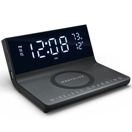 Westclox Dimmable LED Digital Dual Alarm Clock with Qi Certified Fast Wireless & USB Charging